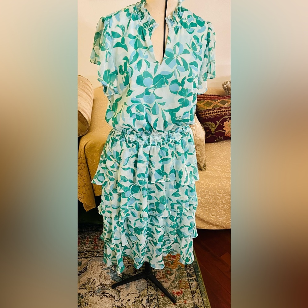 High Low Floral Print Green & White Dress